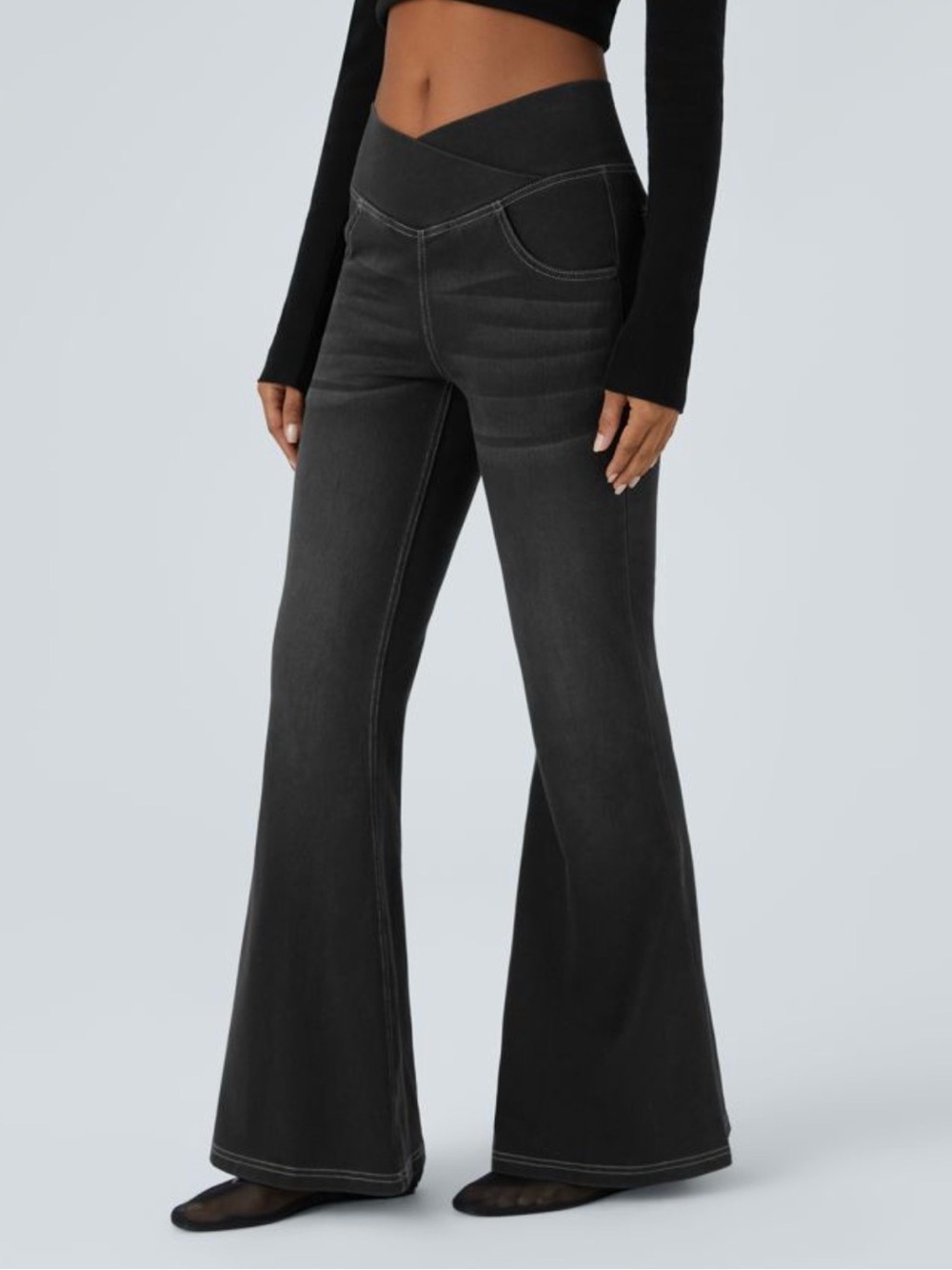 Halara Flex™ High Waisted Crossover Pocket Washed Blk Casual Flare Jeans, size L - Picture 9 of 12